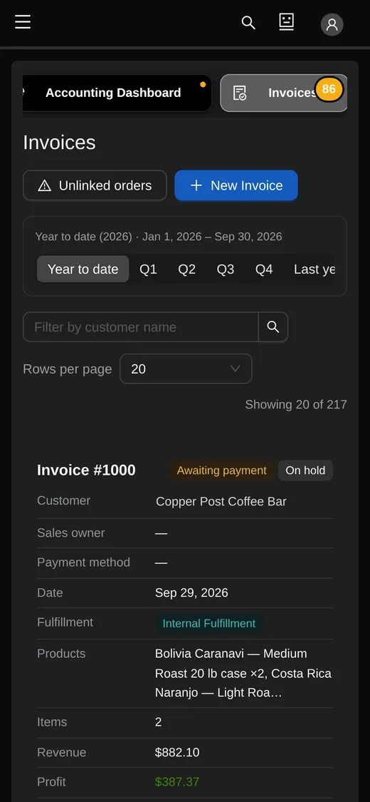 The invoices list on a phone: each invoice is a card with its status, customer, date, fulfillment, products, revenue and profit
