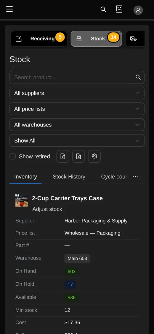 A product's stock card on a phone: supplier, price list, warehouse, units on hand, on hold and available, minimum stock and cost