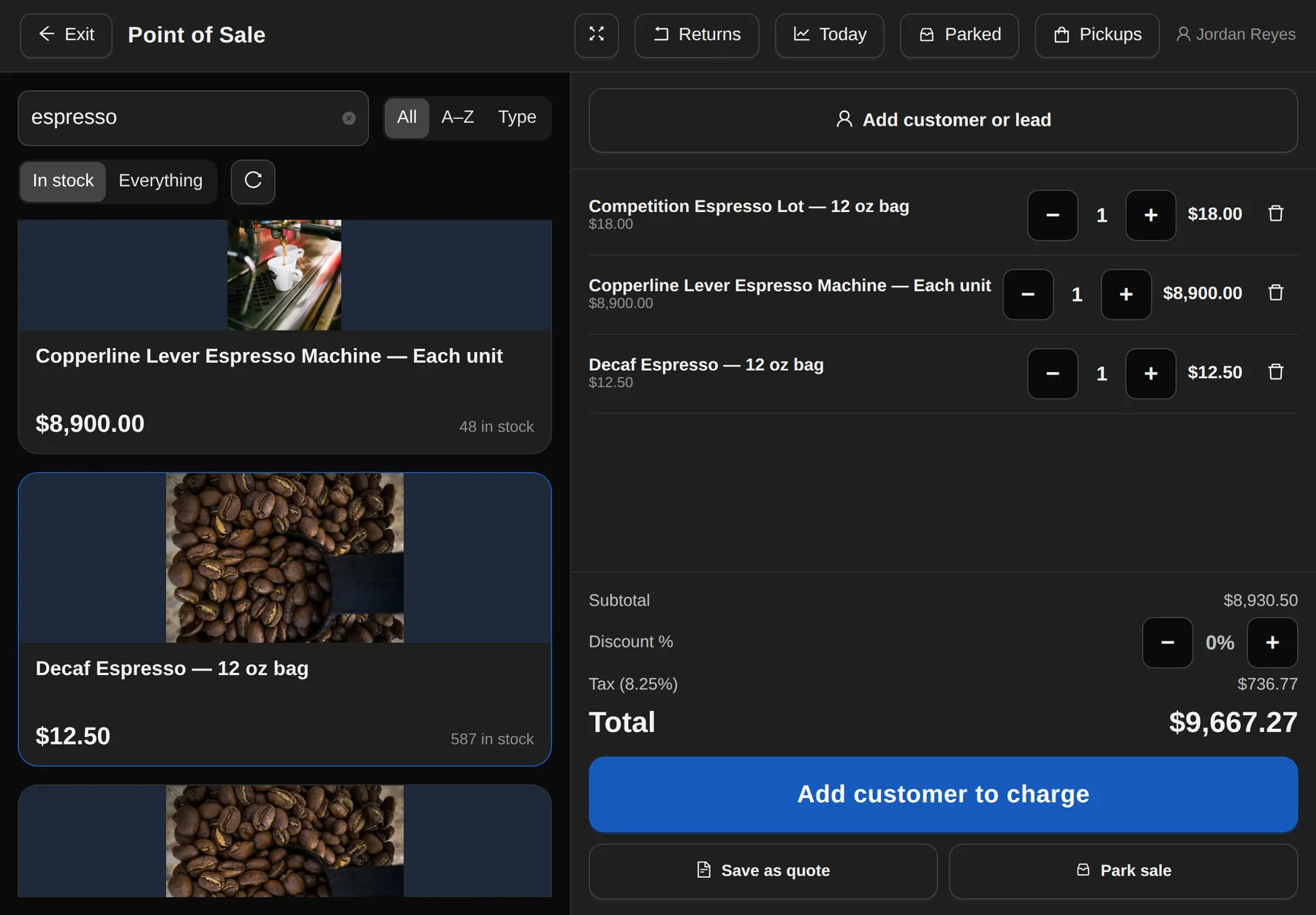 The point-of-sale register on a tablet in landscape: product photo tiles on the left, and a three-item cart with 8.25% tax, a $9,667.27 total and an Add customer to charge button