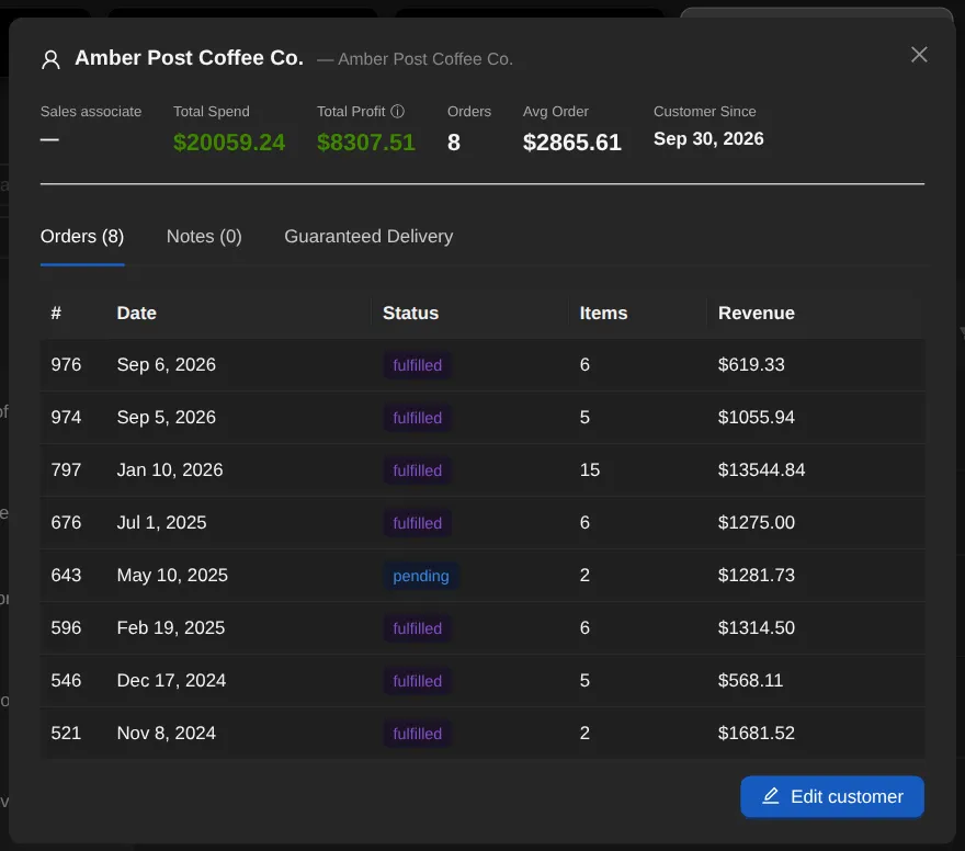 A customer's record in OrienOS: total spend, total profit, order count, average order and customer-since date, above a table of their eight orders with dates, statuses, items and revenue