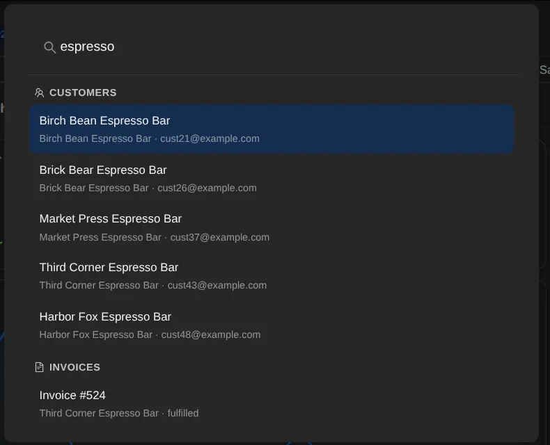 The search box open over the dashboard with the word espresso typed: matching customers with their email addresses, and a matching invoice