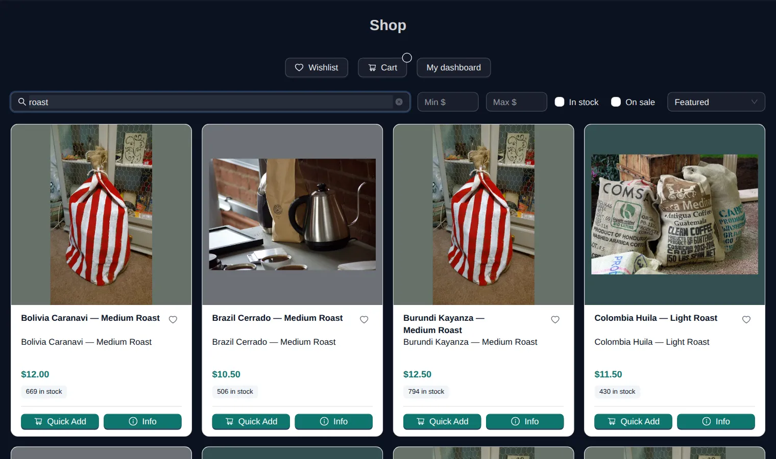 An OrienOS storefront: a search for roast with price, stock and sale filters, and four coffees with photos, prices, stock counts and Quick Add buttons