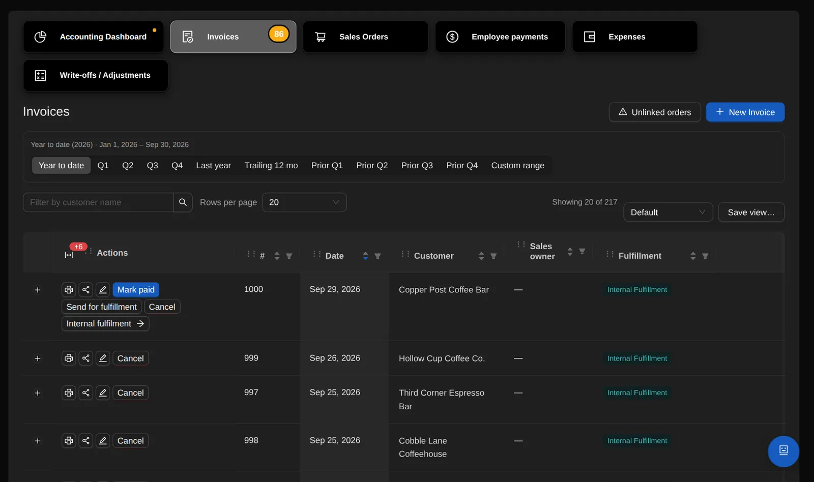 The invoices list with a year-to-date filter, and per-invoice actions including Mark paid and Send for fulfillment