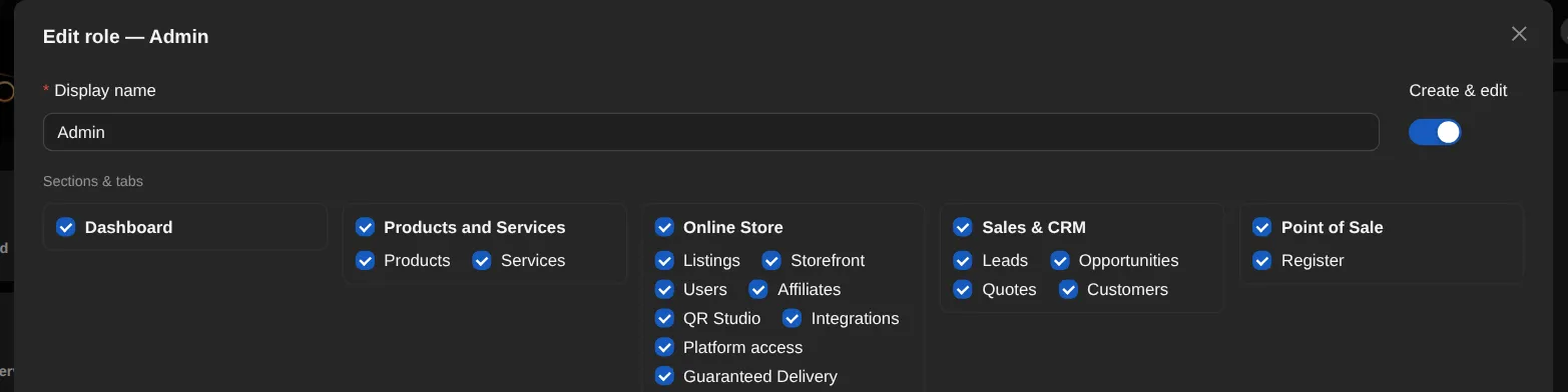 Editing a role: a display name, then a checkbox for each section of the app and each tab within it — dashboard, products and services, online store, sales and CRM, point of sale