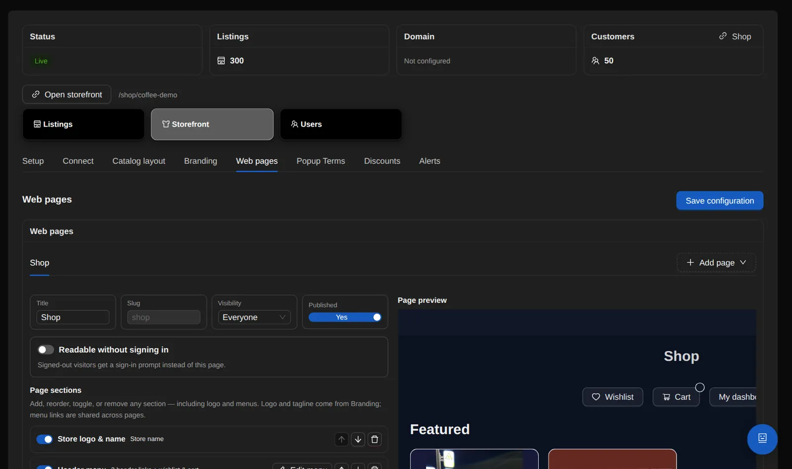 The web builder's Web pages tab: a page's title, slug, visibility and published switch, its sections list, and a live preview of the shop page on the right