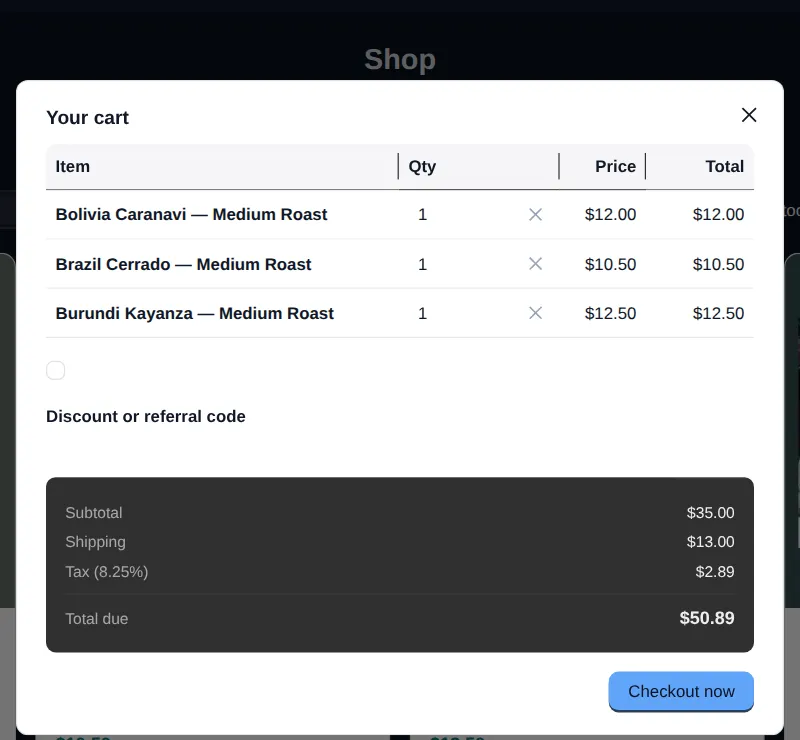 The shopper's cart: three coffees, a discount or referral code box, and a summary of subtotal, shipping, 8.25% tax and the total due, with a Checkout now button